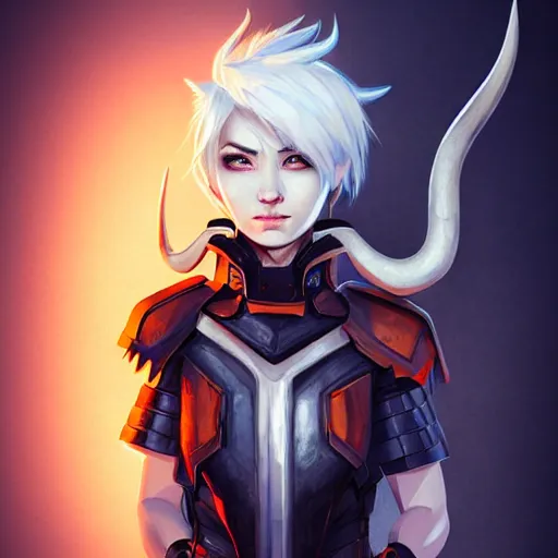 Image similar to illustrated realistic tilted head portrait human female prong-horned with blue bob hair and solid black-eyes wearing strap leather armor, orange glow, backlit by rossdraws