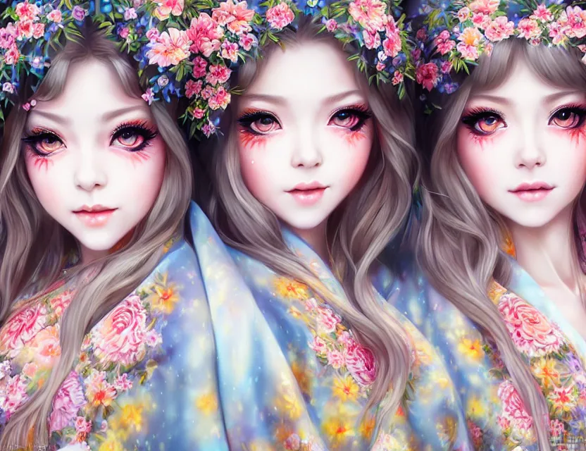 Image similar to two beautiful fashion siberian girls wear fantasy kimono in festival | | big eyes, sunny, dreamlike art, realistic shaded, smile, good looking, hyper details, 4 k realistic, cryengine, realistic shaded lighting poster by artgerm, ross tran, fuji choko, loish, 8 k resolution, trending on artstation, luxury