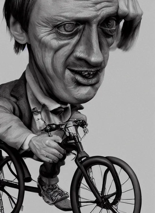 Image similar to hyperrealism steve buscemi riding a tricycle, light effect, hyper detailed, claymation, cartoon, detailed, realistic materials, sharp focus