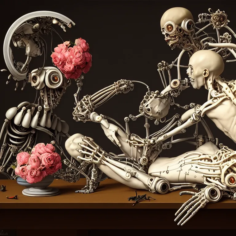 Image similar to still life of two biomechanical cyborg male lovers laying on a table, pastel flowers on a table, surreal alien ribbed pastel fruit, white human spine, baroque painting, beautiful detailed intricate insanely detailed octane render trending on Artstation, 8K artistic photography, photorealistic, chiaroscuro, Raphael, Caravaggio