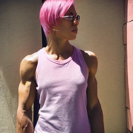 Image similar to high - quality photo of a muscular, androgynous woman wearing a pink tank top