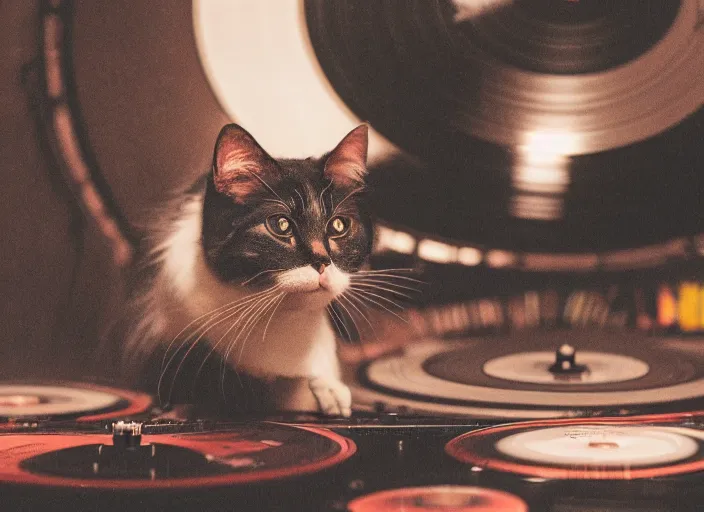 Image similar to photography of a Cat sitting on a record player. in a room full of vinyls and posters out of the 70's, photorealistic, raining award winning photo, 100mm, sharp, high res