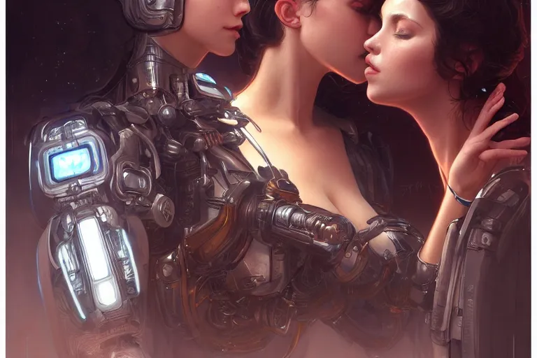 Image similar to Ultra realistic illustration, two women kissing a robot, cyberpunk, sci-fi, fantasy, intricate, elegant, highly detailed, digital painting, artstation, concept art, smooth, sharp focus, illustration, art by artgerm and greg rutkowski and alphonse mucha