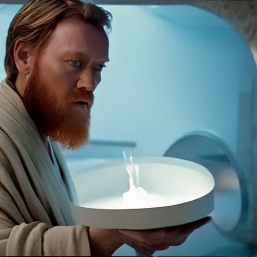 Image similar to A still of Obi-Wan Kenobi making a pizza, 4k, photograph, ultra realistic, highly detailed, professional lighting