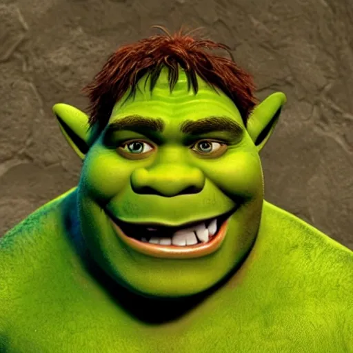 Prompt: Shrek the ogre with red eyes, head shot