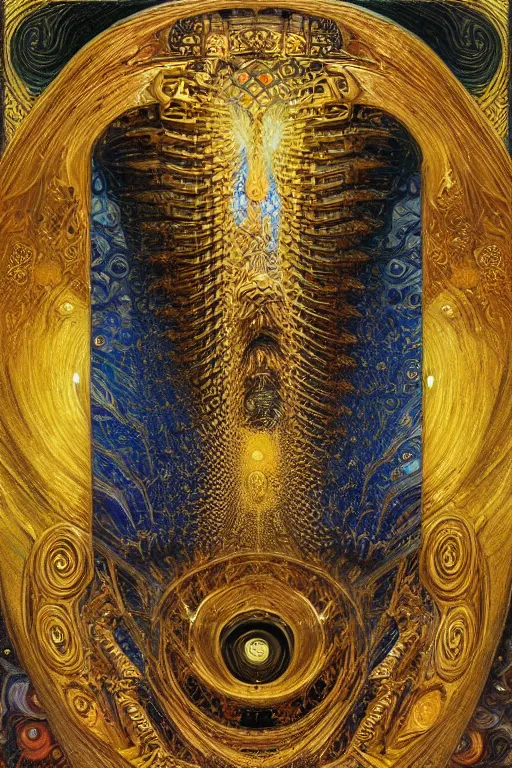 Prompt: Divine Chaos Engine by Karol Bak, Jean Deville, Gustav Klimt, and Vincent Van Gogh, visionary, sacred fractal structures, ornate gilded medieval icon, spirals, 8k 3D