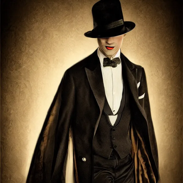 Image similar to photorealistic sepia kodachrome portrait of a 1 9 2 0 s era male magician, well dressed, long - tailed tuxedo coat, atmospheric lighting, dark, brooding, painted, intricate, ultra detailed, well composed, best on artstation, cgsociety, epic, stunning, gorgeous, intricate detail, much wow, masterpiece