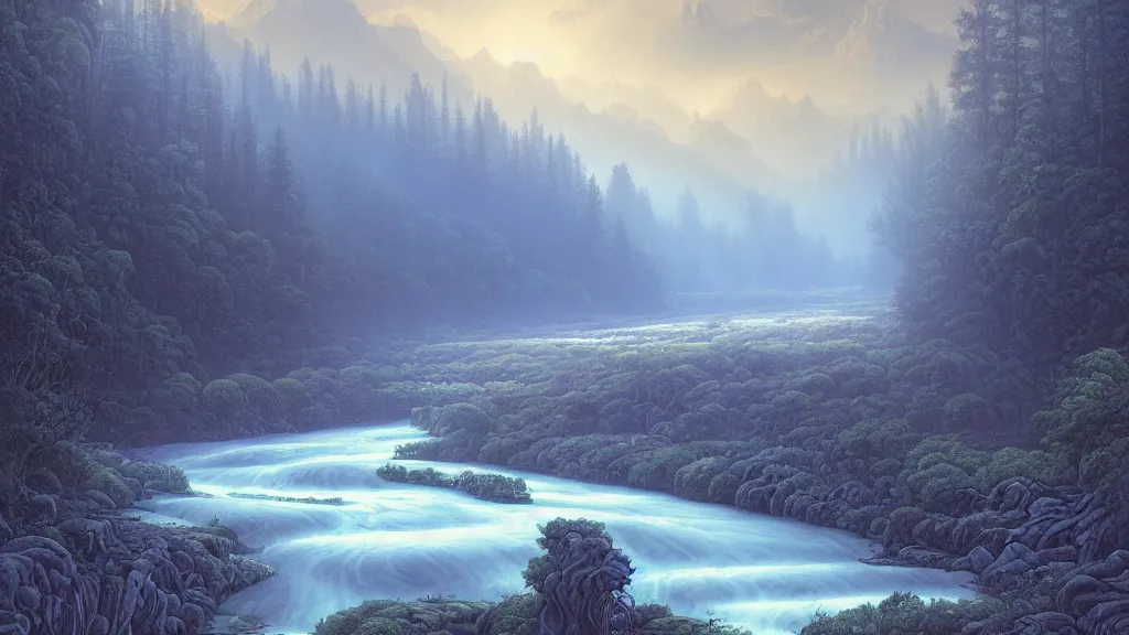 Image similar to digital painting of a lush river valley by gerald brom. blue river. cold icy day. digital render. detailed. beautiful landscape.