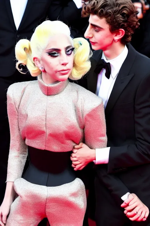 Image similar to timothee chalamet and lady gaga holding hands on the red carpet, beautiful detailed faces, canon eos