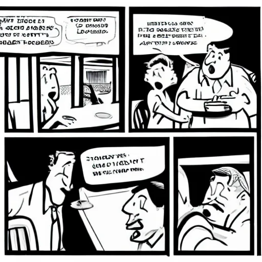 Image similar to A black and white comic strip about a large man making an order at a restaurant