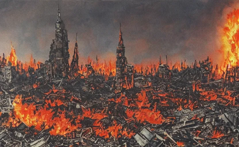 Prompt: a lego toy in a destroyed burning soviet city, everything is burning, oil on canvas, by ivan shishkin