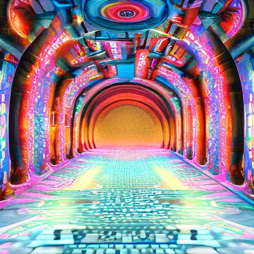 Image similar to underground cinema, realistic architecture, colorfull lights, octane render, 4k, 8k, fractals, psychedelic