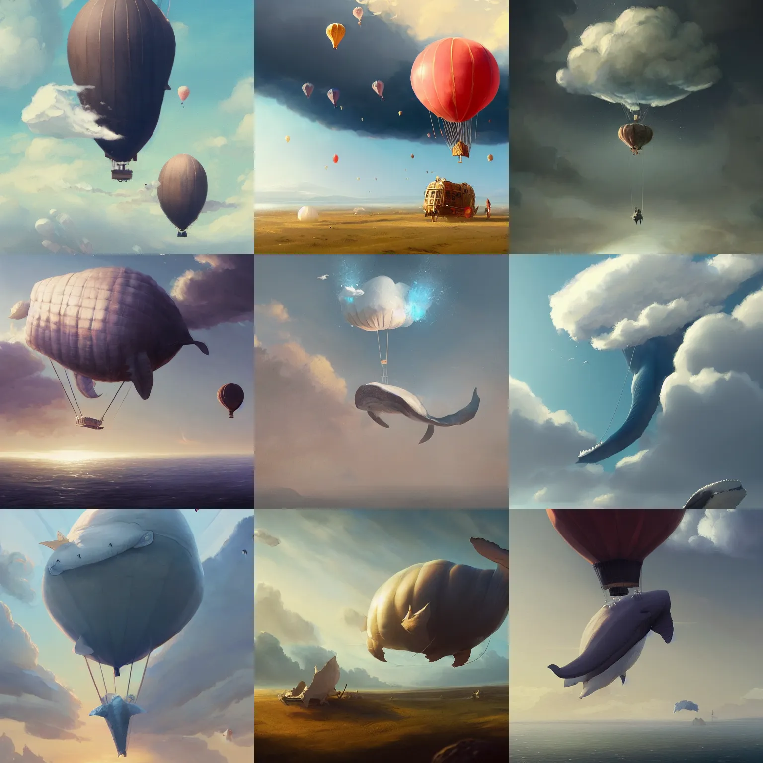 Prompt: a whale made of clouds, hot air balloons, by greg rutkowski, chris tulloch mccabe, valentina remenar and asher duran, digital art, concept art, trending on artstation