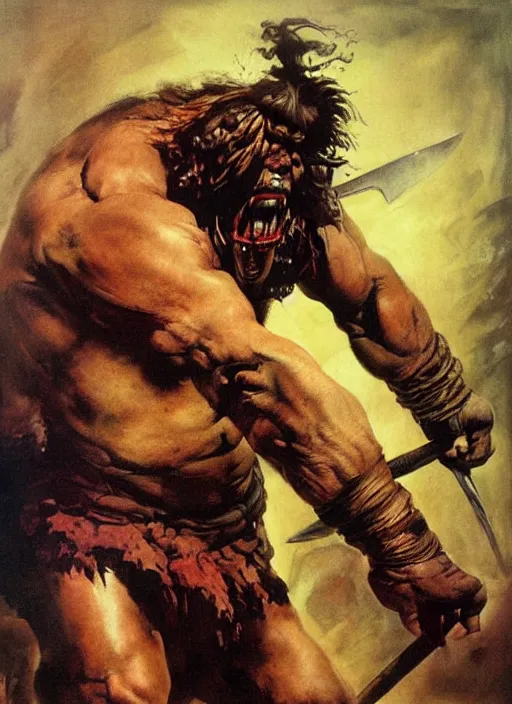 Prompt: portrait of barbarian fighting giant, coherent! by mariusz lewandowski, by frank frazetta, deep color, strong line, high contrast