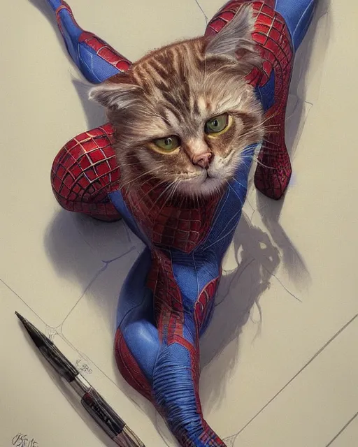 Image similar to spiderman the cat | highly detailed | from the pixar film sneaky cats | very intricate | cinematic lighting | award - winning | closeup portrait | by donato giancola and mandy jurgens and charlie bowater | featured on artstation