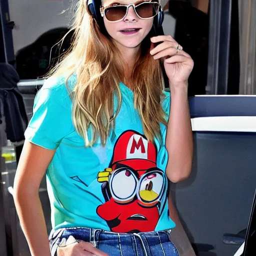 Prompt: Supermodel Cara Delevinge wearing a minions T-shirt, us army Korean War era Jacket and a Lindsay plaid skirt, wearing a set of bright Cyan colored noise canceling headphones and photographed in the Style of Mario Testino