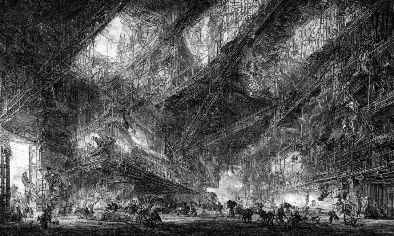 Prompt: dark glowing cargo hall and corridors of huge space ship halls cages with strange animals detailed piranesi lithography