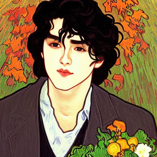 Image similar to painting of young cute handsome beautiful dark medium wavy hair man in his 2 0 s named shadow taehyung and cute handsome beautiful min - jun together at the graveyard party, ghostly, haunted gravestones, ghosts, autumn! colors, elegant, wearing suits!, clothes!, stylish, delicate facial features, art by alphonse mucha, vincent van gogh, egon schiele