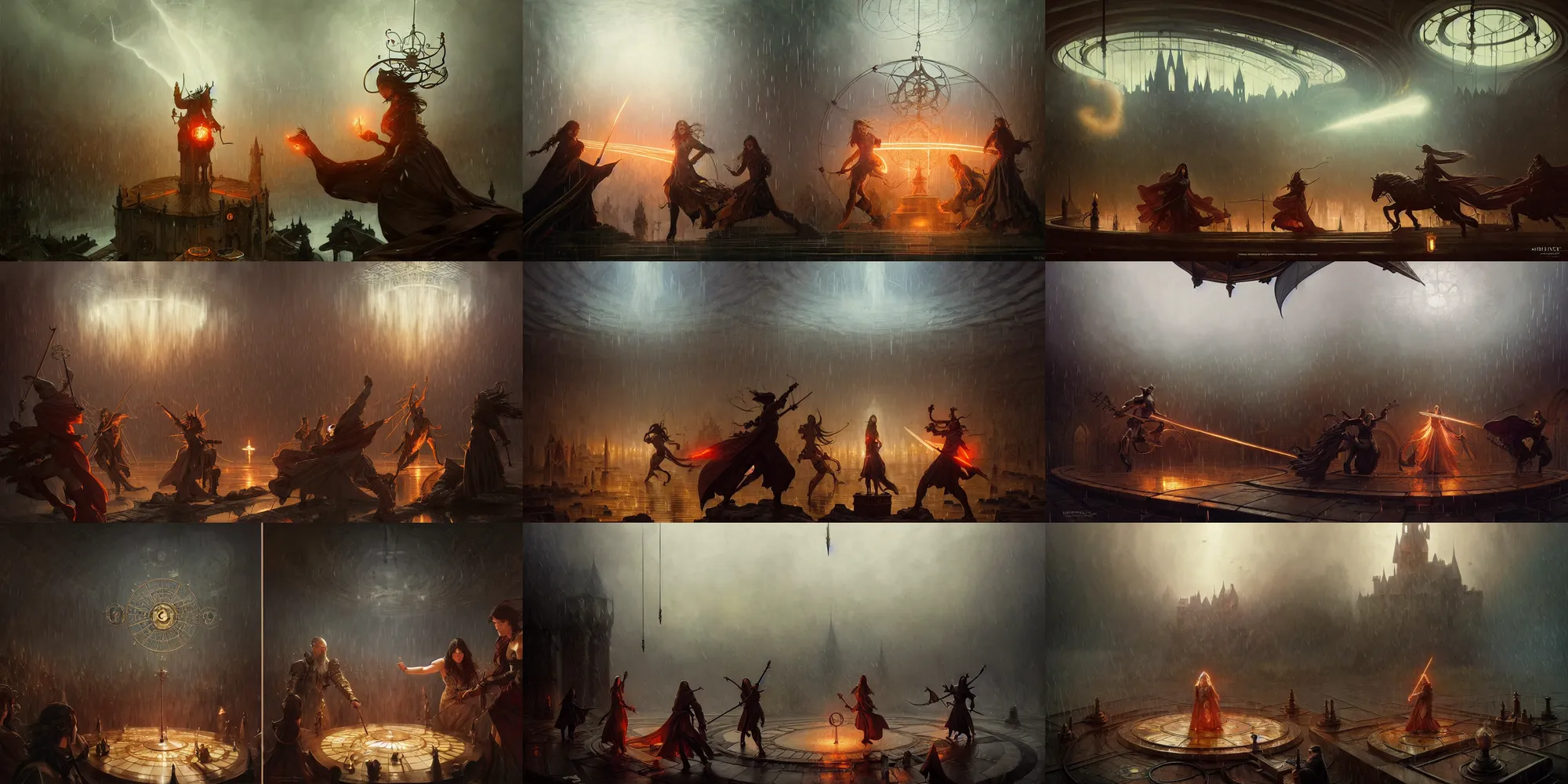 Prompt: cinematic battle scene, lighting, sorcery magic witch battle, medieval castle orrery room, rain, storm, fog, illustration, highly detailed, digital painting, concept art, matte, art by wlop and artgerm and greg rutkowski and alphonse mucha, masterpiece