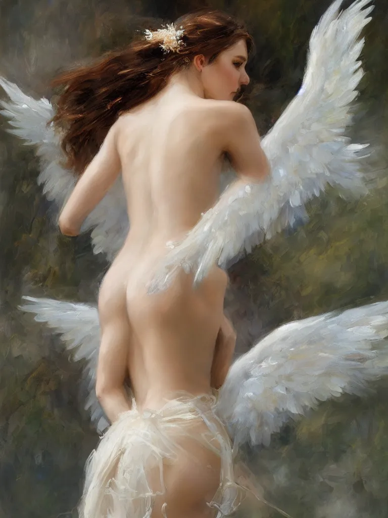 Prompt: a beautiful portrait of an angel with beautiful face and her huge white wings spread out painted by gerhartz, highly detailed, beautiful, back lit, graceful and elegant, ethereal.