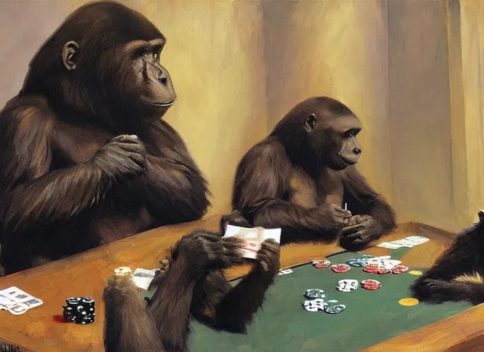 Image similar to gorrila and a bear playing poker, highly detailed beautiful, by gregory manchess, james gurney, james jean