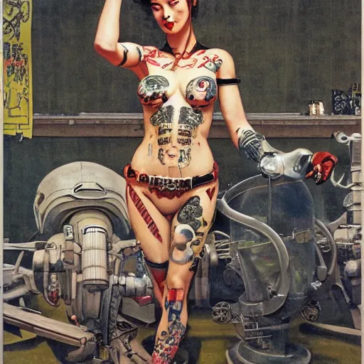 Prompt: super model cyborg girl with Japanese yakuza full body tattoo in future world, painted by Norman Rockwell and Bosch