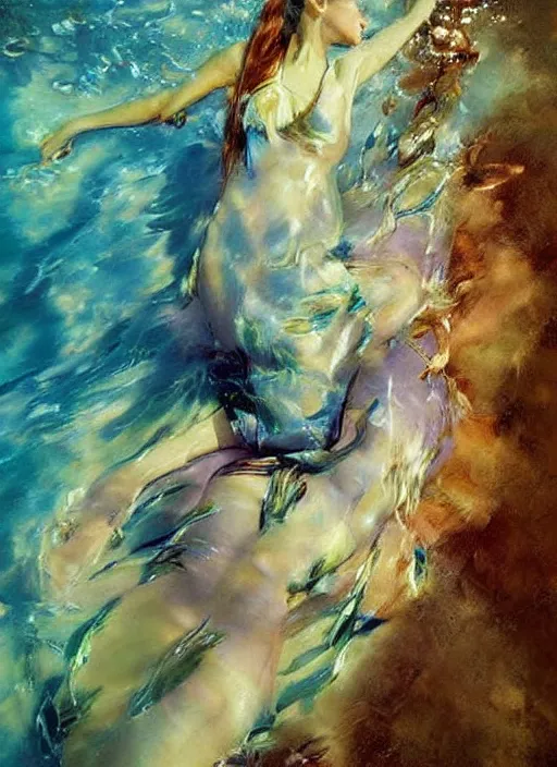 Image similar to girl in a long dress swimming underwater, caustics, surreal underwater photography, oil painting by Boldini