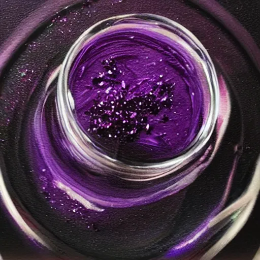 Prompt: thick swirling purple liquid with black glitter in an closed glass vial, high detail, mid shot, realistic, oil painting