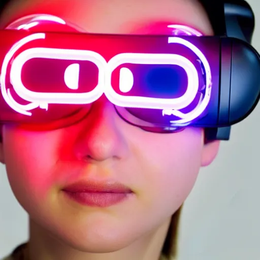 Image similar to close-up of a person wearing an augmented reality head-mounted display that shows vital signs and health information, futuristic, neon, heart, virtual reality, realistic, very high quality