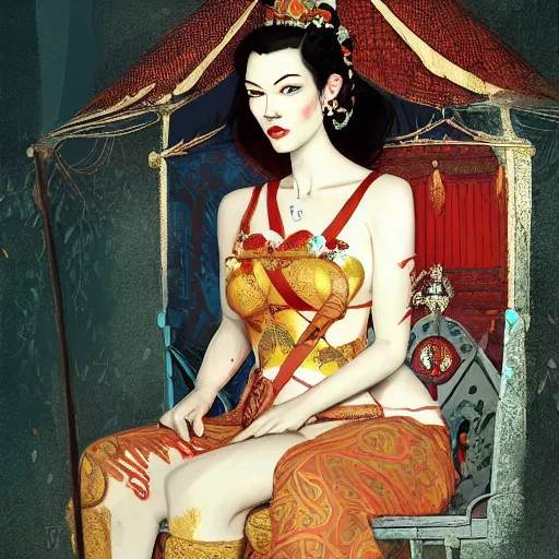 Prompt: Portrait of Stoya as a oriental queen on her throne in the forets, by Sergey Kolesov, trending on Artstation, 8k, masterpiece, graffiti paint, dishonored, fine detail, full of color, intricate detail