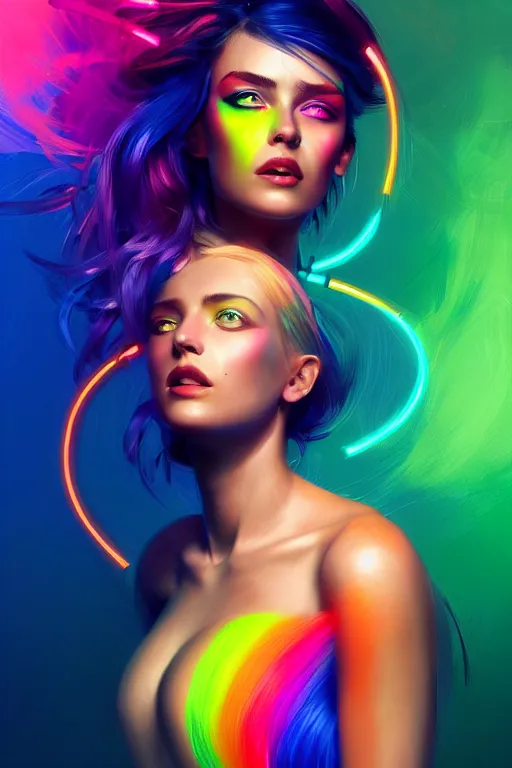 Image similar to a award winning portrait of a beautiful woman with stunning eyes in a one off shoulder crop top and cargo pants with rainbow colored hair, outlined by whirling illuminated neon lines and fine lines swirling in circles by greg rutkowski, digital art, trending on artstation