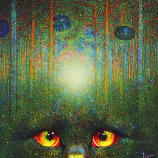 Image similar to psychedelic lush pine forest, outer space, milky way, amber eyes cat eyes designed by arnold bocklin, jules bastien - lepage, tarsila do amaral, wayne barlowe and gustave baumann, cheval michael, trending on artstation, star, sharp focus, colorful refracted sparkles and lines, soft light, 8 k 4 k