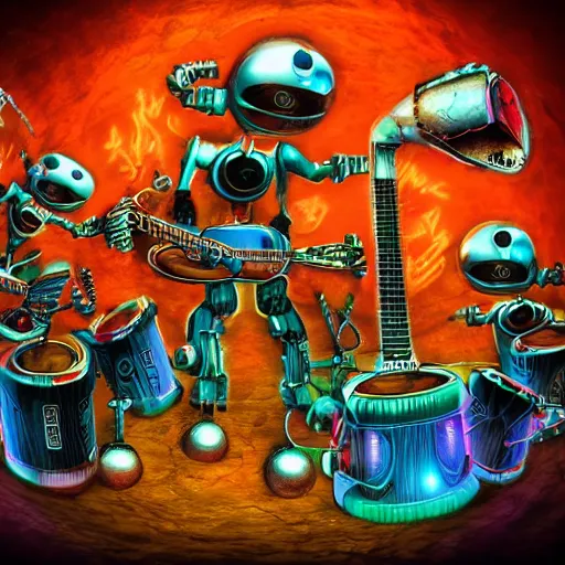 Prompt: album art, bandname is robos rock, rockband with 3 steampunk robots playing guitar and drums, 8 k, flourescent colors, halluzinogenic, multicolored, exaggerated detailed, front shot, 3 d render, octane