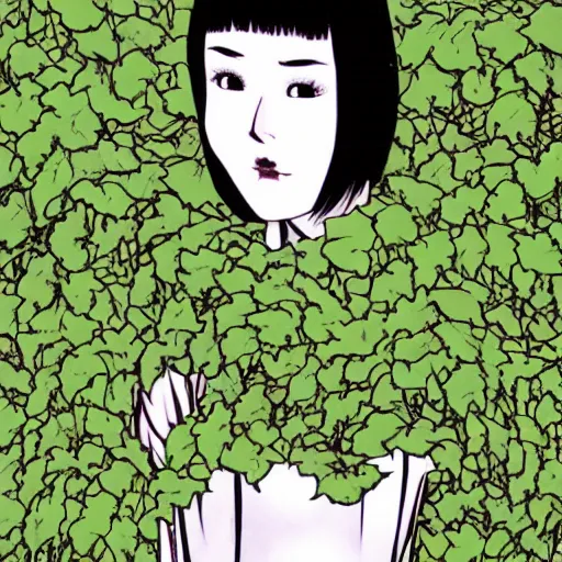 Prompt: a portrait by junji ito lush vine covered backrop