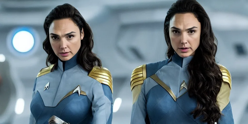 Image similar to Gal Gadot, in full starfleet uniform, is the captain of the starship Enterprise in the new Star Trek movie