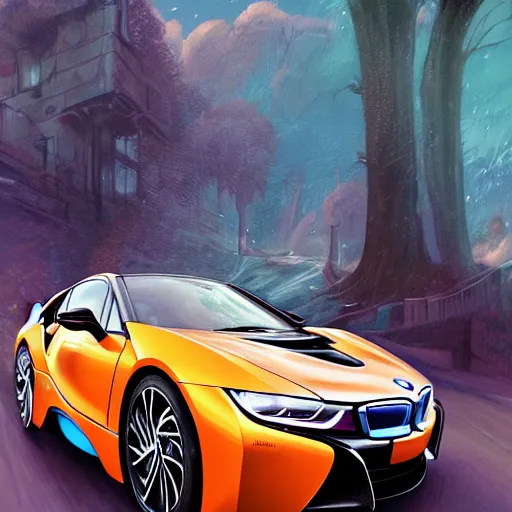 Image similar to bmw i 8 colorful, fantasy, intricate, highly detailed, digital painting, hq, trending on artstation, illustration, style of stanley artgerm and greg rutkowski and dan mumford