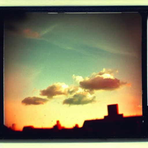 Prompt: instant photograph of the sky, polaroid, raw, beautiful, nostalgic, light leak, night, clouds, city