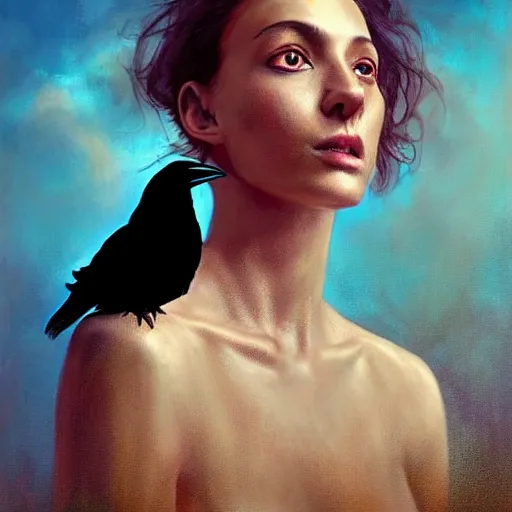 Image similar to morning, raven bird perching on the shoulder of a woman in a black dress. sun, cinematic, clouds, vogue cover style, copper and deep blue mood, realistic painting, intricate oil painting, high detail, figurative art, multiple exposure, poster art, 3 d, by simon bisley, ismail inceoglu, wadim kashin, filip hodas.