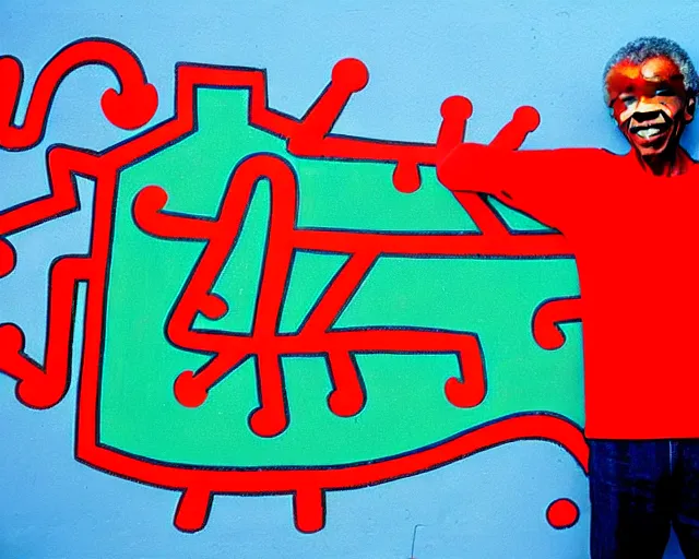 Image similar to gilberto gil street art by keith haring. gilberto gil smiling, eyes closed. bright blue background