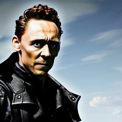 Image similar to film still of Tom Hiddleston as Nick Fury with leather patch over one eye in Avengers