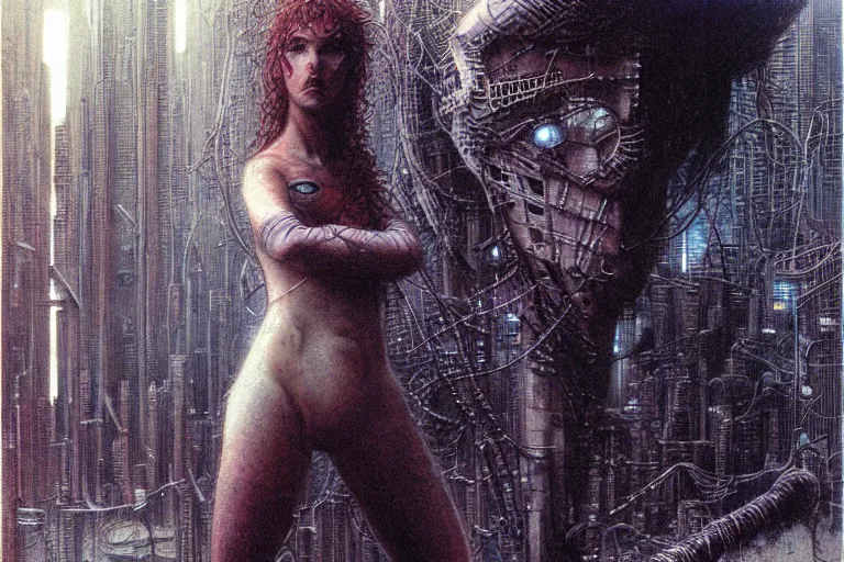 Image similar to cute tomboy girl with short hairs in cybercity by luis royo and wayne barlowe, beksinski