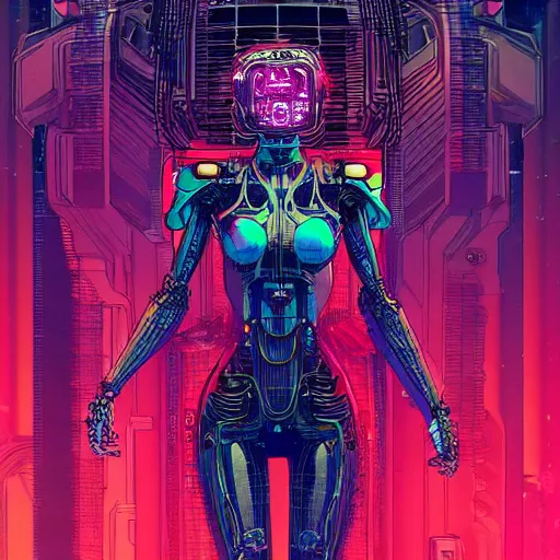 Image similar to a portrait of a beautiful cybernetic woman connected to a synthesizer from hell, wires, cyberpunk concept art by josan gonzales and philippe druillet and dan mumford and enki bilal and jean claude meziere