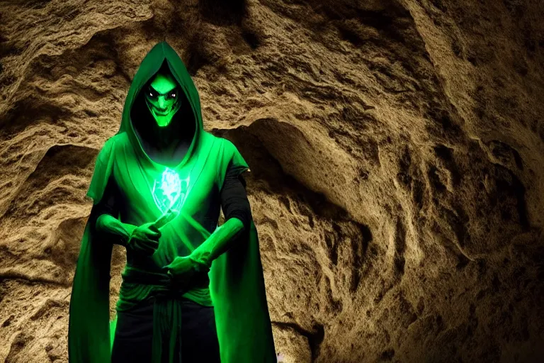 Image similar to vfx film, soul reaver, raziel irl, price of persia movie, missing jaw, hero pose, devouring magic souls, scarf, hood, glowing green soul blade, in epic ancient sacred huge cave temple, flat color profile low - key lighting award winning photography arri alexa cinematography, hyper real photorealistic cinematic beautiful, atmospheric cool colorgrade