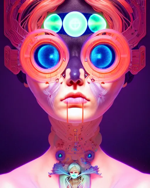 Image similar to an asymmetrical portrait of a bioluminescent patchwork doll, highly detailed, digital painting, cinematic, hyperrealism, dark retrowave, art by stanley lau and artgerm and magali villeneuve and alphonse mucha, artstation, octane render, cgsociety, james jean, victo ngai, david rubin, mike mignola