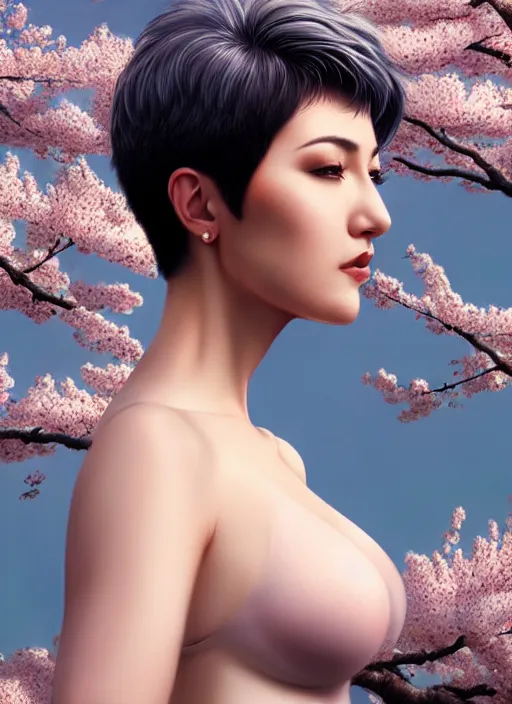 Image similar to photo of a gorgeous female with short gray hair in the style of stefan kostic, realistic, body shot, sharp focus, 8 k high definition, insanely detailed, intricate, elegant, art by stanley lau and artgerm, cherry blossoms