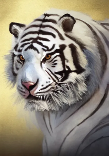 Image similar to furry art, watercolor of a white tiger king with gold crown and blue king suit, concept art, portrait, super detailed, 4 k hd, trending on artstation, deviantart, octane render, cry engine, unreal engine 8 k, cycles x, digital painted, low contrast, made by greg rutkowski and viktoria gavrilenko