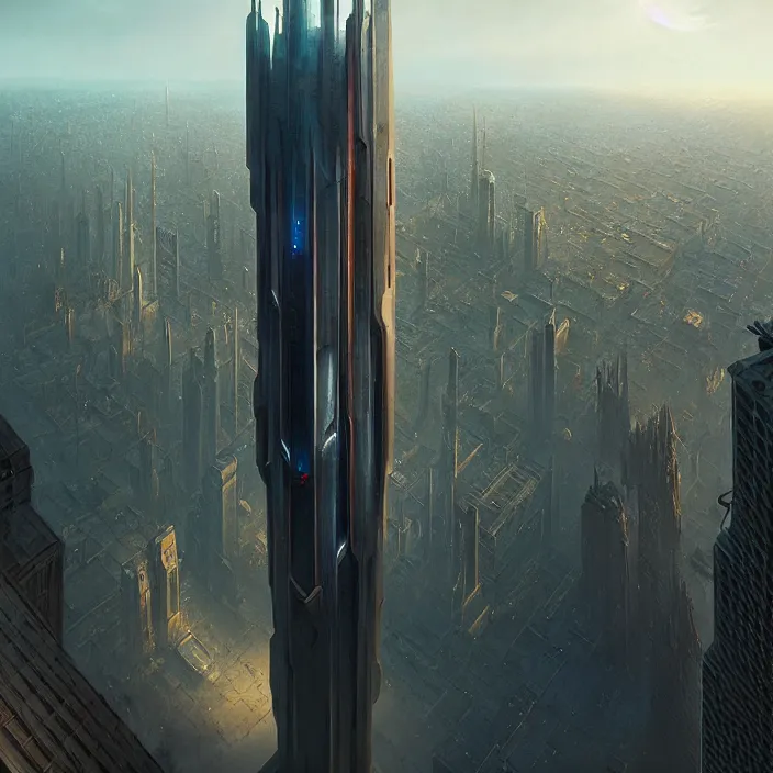 Prompt: matte painting by marc simonetti, jonathan solter, greg rutkowski of a futuristic skyscraper, masterpiece, cinematic, hyperdetailed, photorealistic, hyperrealism, architecture, aerial view,