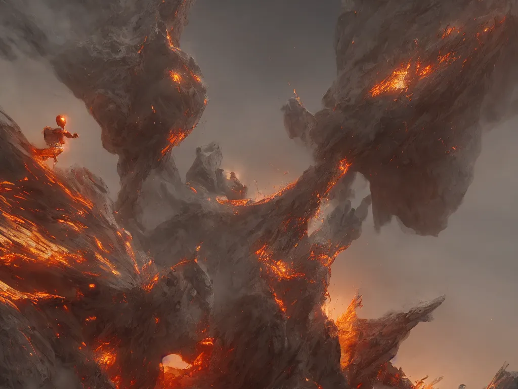 Image similar to a man in white armor flies from volcano , symmetry, intricate, highly detailed, artstation trending, ray tracing, cinematic, art by andrey surnov, concept art,