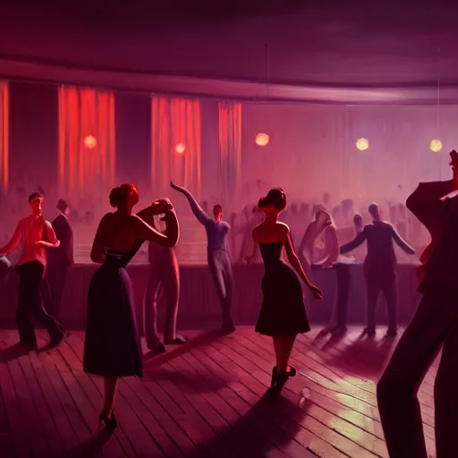 Image similar to 1 9 5 0 s night club with people dancing by otto dix and greg rutkowski and andreas rocha, cinematic lighting, warm colours, ultra realistic, unreal engine, trending on artstation, 4 k