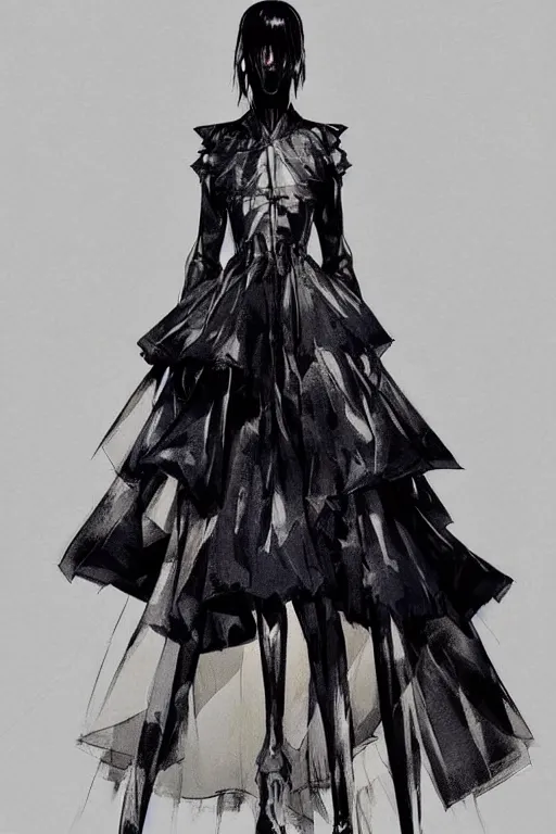 Image similar to dior haute couture dress, concept art, dark colors, high end fashion, style by yoji shinkawa, full body shot